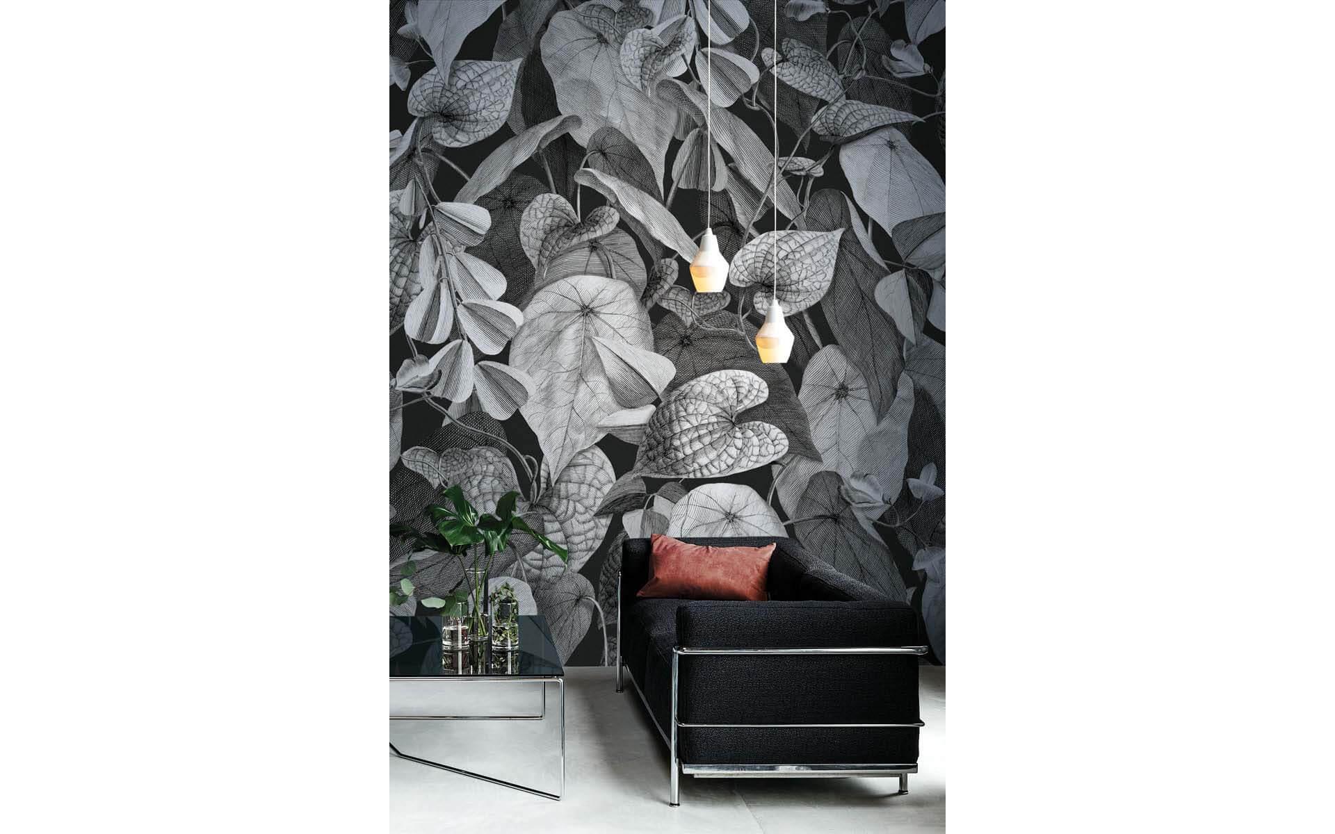 Nel boschetto di foglie di «Botanica» può mancare la tipica cromaticità delle piante. L'elaborata carta da parati recupera però con le linee in filigrana, le venature e le strutture delle foglie, celebrando l'attenzione ai dettagli e la perfezione della natura. Foto: Christian Fischbacher