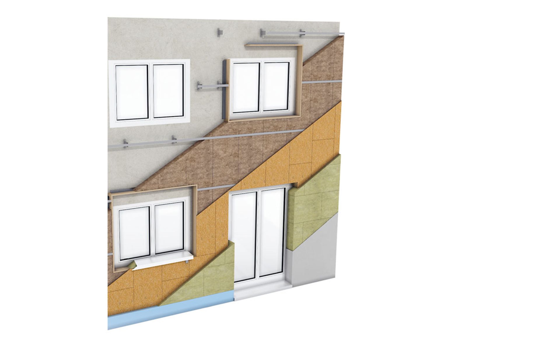 Le système de façades «Polyroc» de Flumroc est un système thermique composite suspendu qui peut être directement crépi, particulièrement approprié pour une rénovation énergétique efficace. Le système multicouche, construit à sec jusqu’au niveau de l’isolation extérieure, est fixé au support avec des consoles et est isolé avec un panneau isolant Flumroc 1 ou «solo». Photo: Flumroc