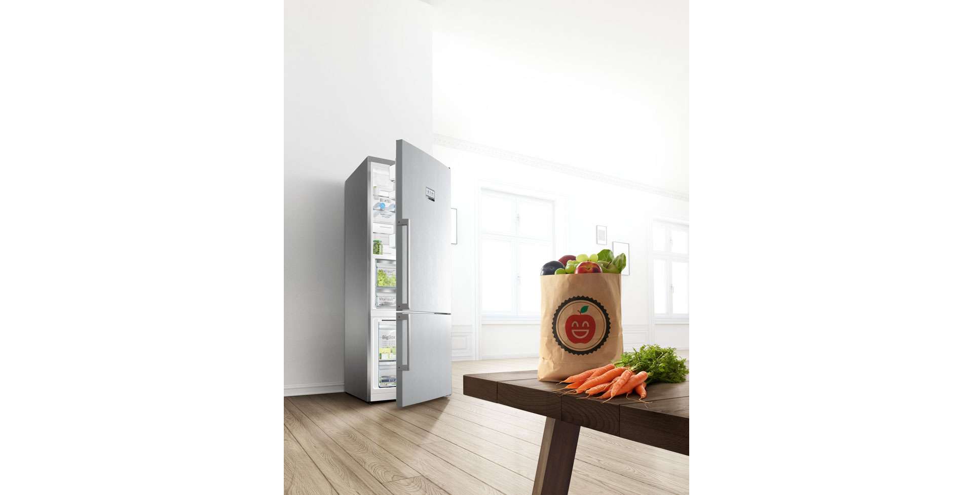Auch die neuen Bosch-Kühlgeräte lassen uns nicht kalt, frische Lebensmittel bleiben es danke ihnen aber. Doch viel mehr: Das Frischesystem «VitaFresh» sorgt mit separaten Schubladen für Obst, Gemüse, Fleisch und Fisch dafür, dass Lebensmittel dreimal länger frisch bleiben. Foto: Bosch