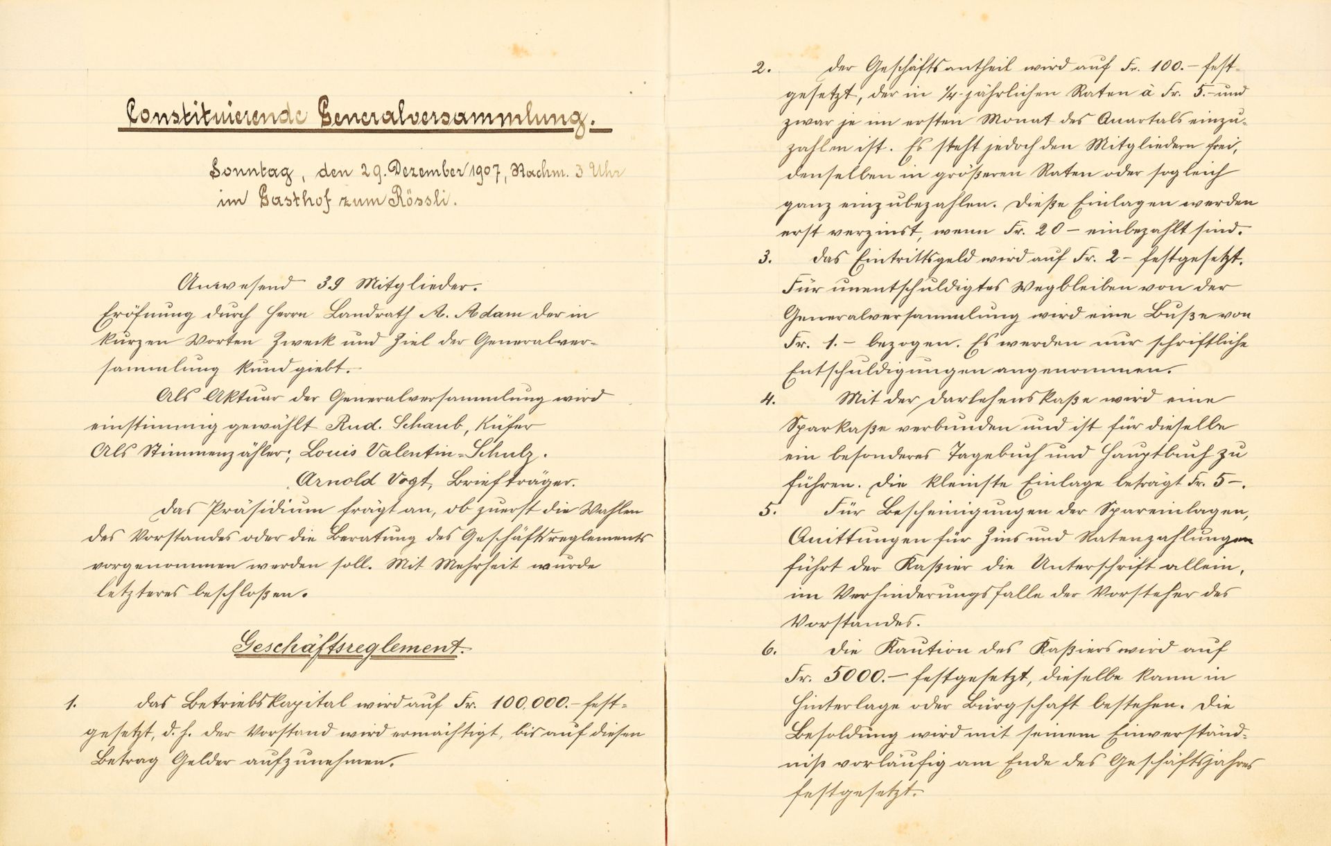  Darlehenskassenverein Allschwil: Der 29. Dezember 1907 war ein Sonntag. Offensichtlich genau der richtige Wochentag, um eine Institution zu gründen, die auch noch 100 Jahre später ein erfolgreiches, attraktives und modernes Bankmodell ist.  Bestimmt haben die 29 Allschwiler Mannen, die sich vor 100 Jahren am Nachmittag im Gasthof zum Rössli trafen, nicht an Jubiläumsfeierlichkeiten gedacht. Sondern sie suchten einen Weg, den wirtschaftlichen Nöten des Alltages mit einer erfolgsträchtigen Strategie zu begegnen. Oder ganz einfach: Durch Solidarität und zielgerichtete Selbsthilfe-Aktionen Geldmittel bereitzustellen, welche die Mitglieder der Dorfgemeinschaft als kurzfristige Betriebsdarlehen oder Hypotheken so dringend benötigte.