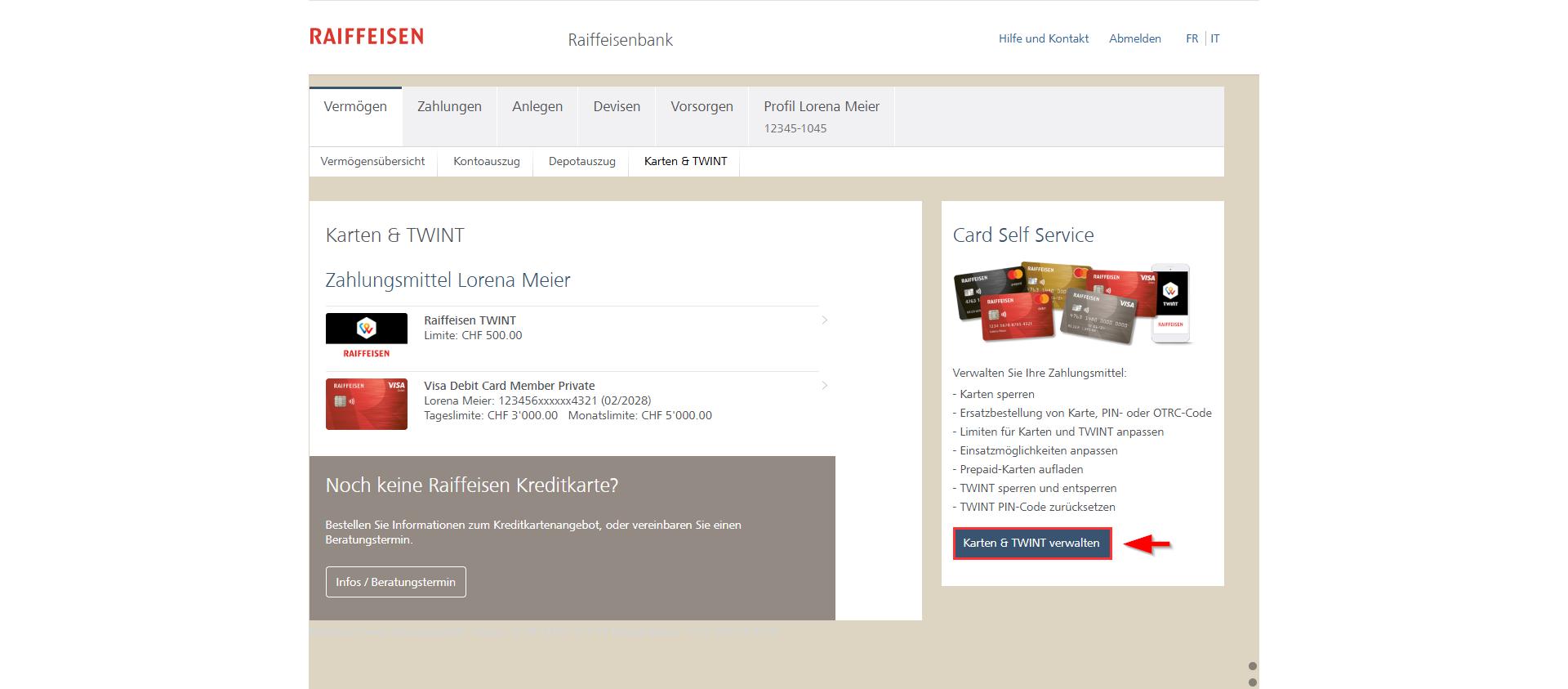 E-Banking Ansicht Vermögen/Karten