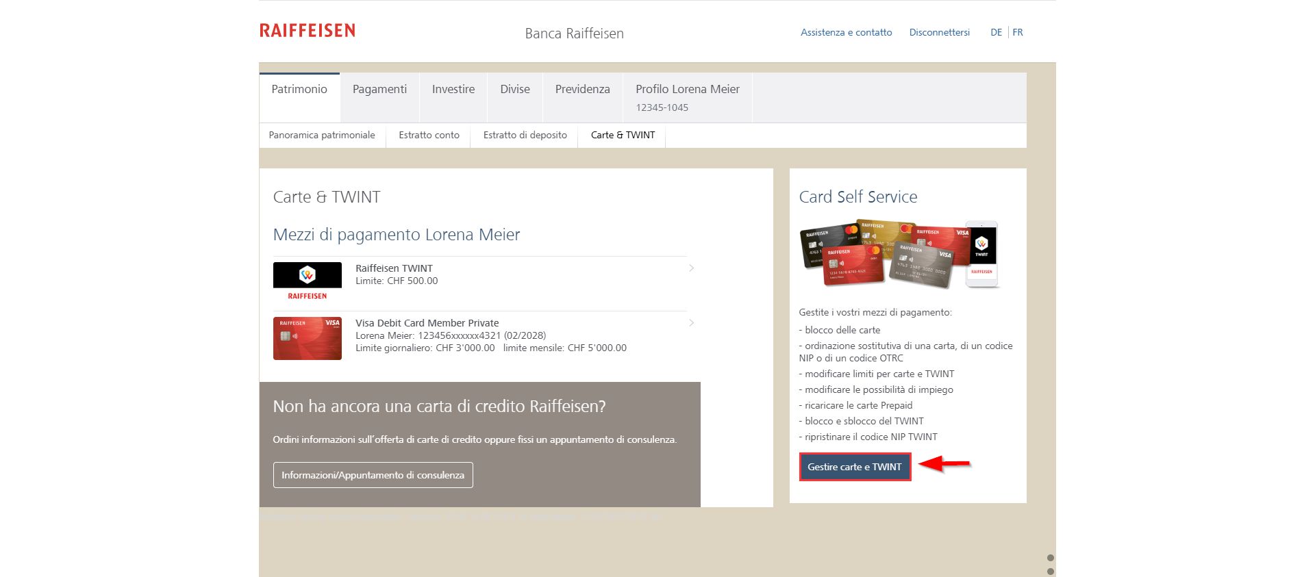 Visualizzazione e-banking Patrimonio/carte