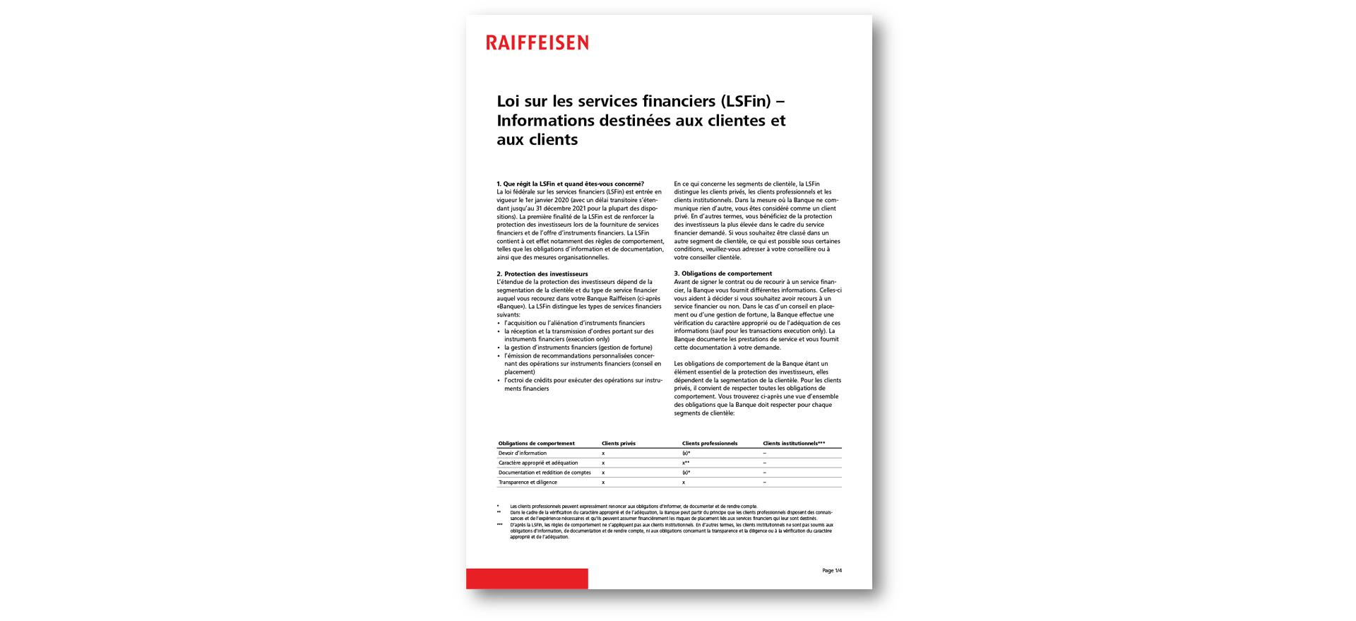 Téléchargement de la brochure «Loi sur les services financiers (LSFin) - Informations destinées aux clientes et aux clients»