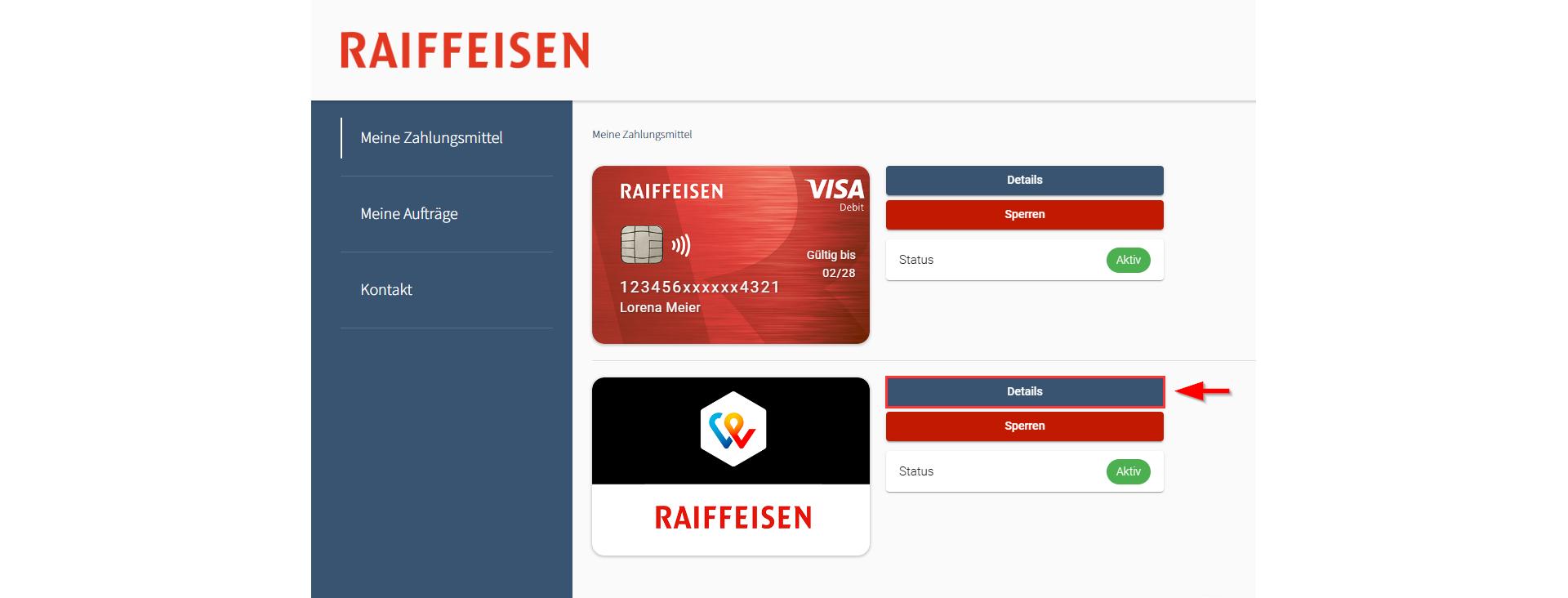 Card Self Service - Übersicht Zahlungsmittel
