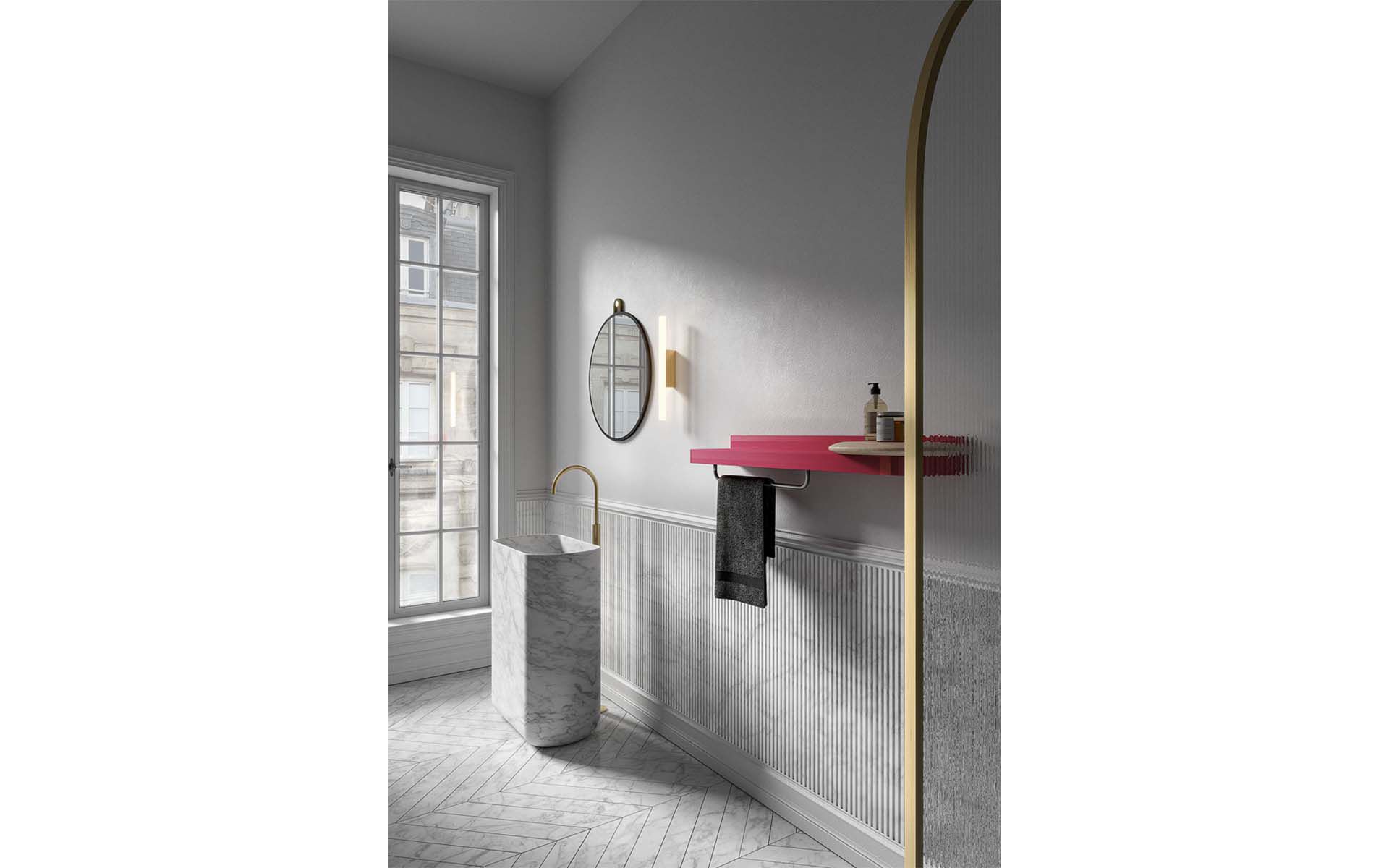 «Rift/reverse»: una mensola riscaldante come tocco di colore nel bagno. Foto: Tubes