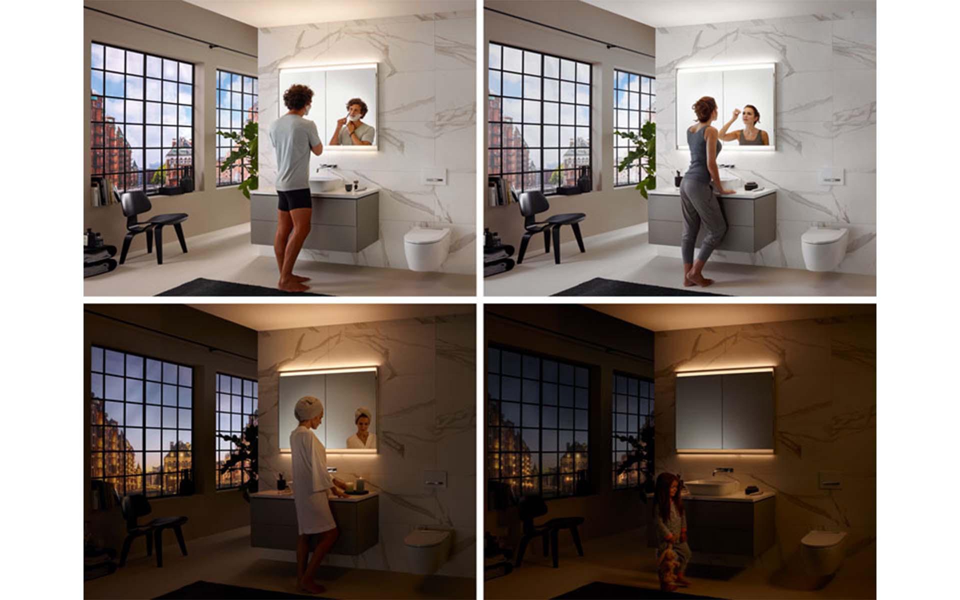 Armadio a specchio «One»: il concetto di illuminazione si concentra sull'essere umano, sullo spazio e sull'uso. La luminosità e il colore della luce si adattano alla situazione e alle esigenze. Foto: Geberit