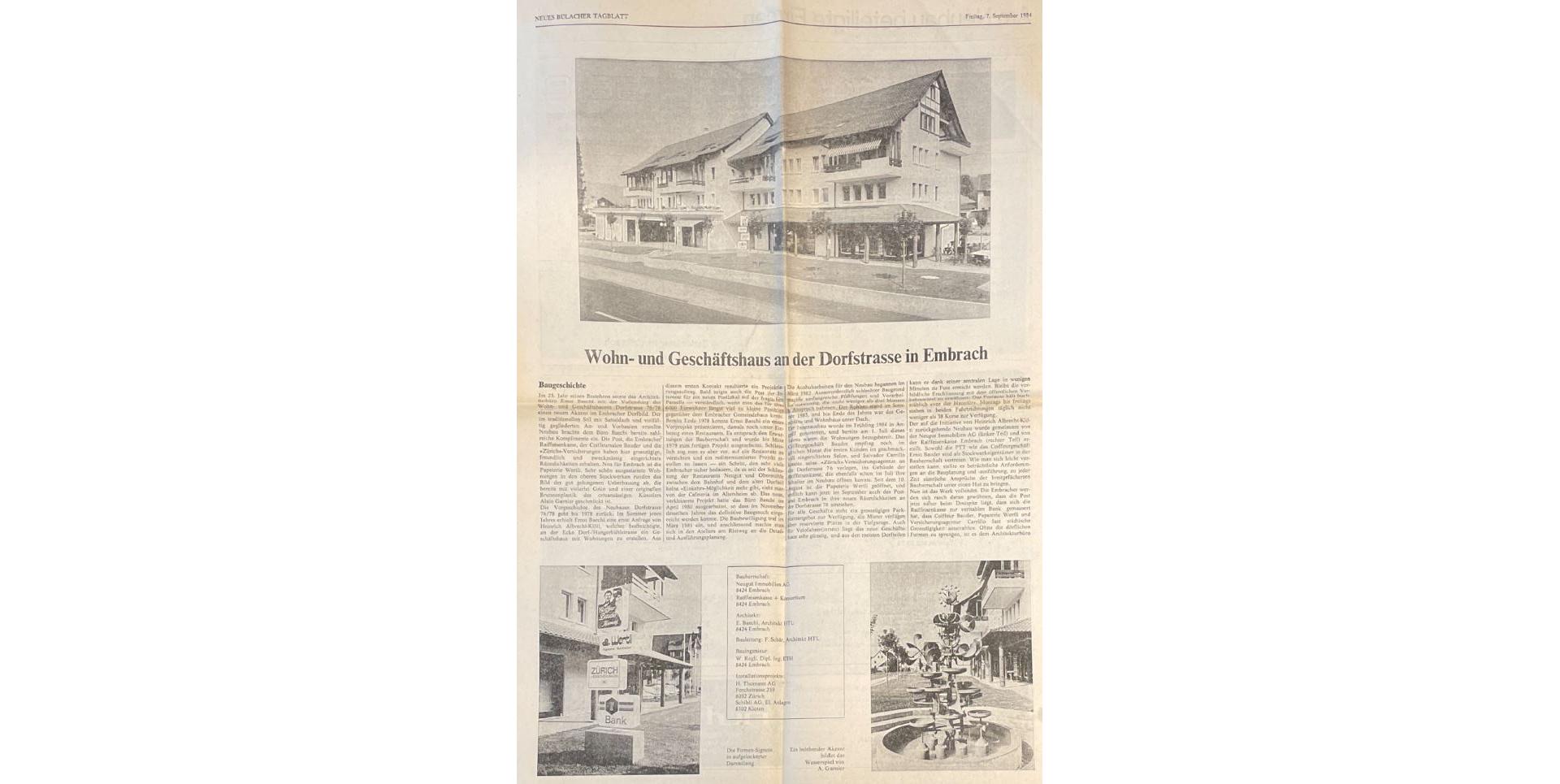 Neues Bülacher Tagblatt 1984, zum Geschäftshaus an der Dorfstrasse in Embrach